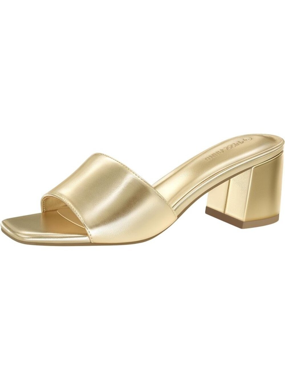Women's Square Open Toe Heels Sandals Gold Low Block Chunky Heel Slip On Mules